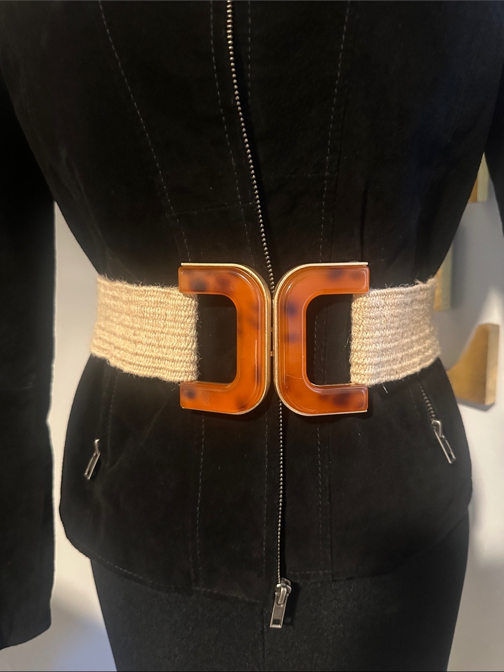 Zara Knit Beige Belt with Gold Buckle Detail